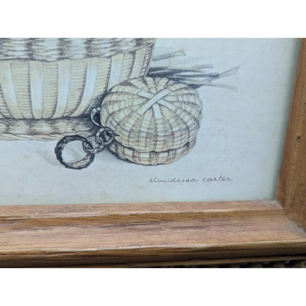 VTG Homco Brown Faux Wicker Latice Framed Art Claudessa Carter Summer Flowers